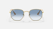 Hexagonal sunglasses with gold frame and blue gradient lenses, front view.