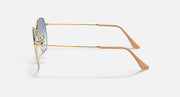 Hexagonal sunglasses side view, gold metal frame with blue lens and tan temple.