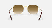 Hexagonal sunglasses front view, gold frame with brown lenses and burgundy temple arms.