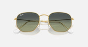Ray-Ban hexagonal sunglasses front view with gold frame and dark green gradient