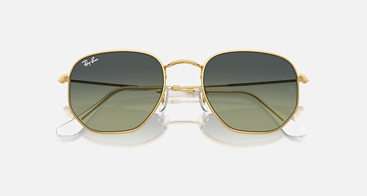 Ray-Ban hexagonal sunglasses front view with gold frame and dark green gradient