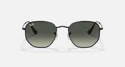 Ray-Ban hexagonal sunglasses front view with dark green lenses on black frames