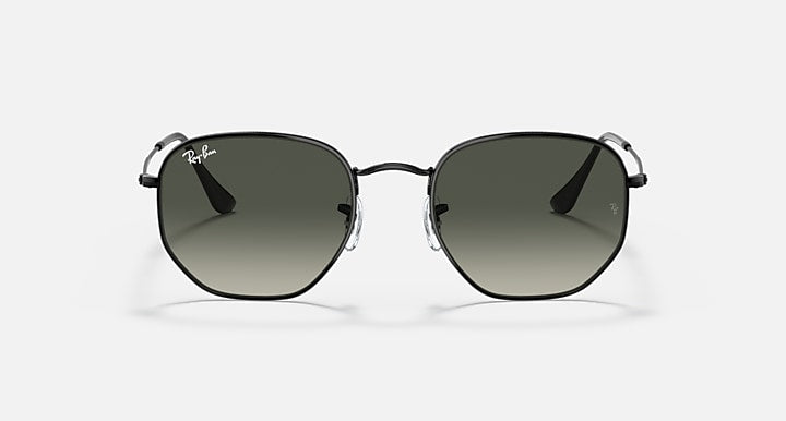 Ray-Ban hexagonal sunglasses front view with dark green lenses on black frames