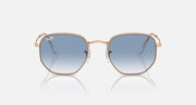 Ray-Ban hexagonal sunglasses with rose-gold frame and light blue tinted lenses