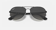 Aviator sunglasses with dark gray tinted lenses and black frame, centered view
