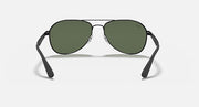 Aviator sunglasses with dark green mirrored lenses and black frame, front view
