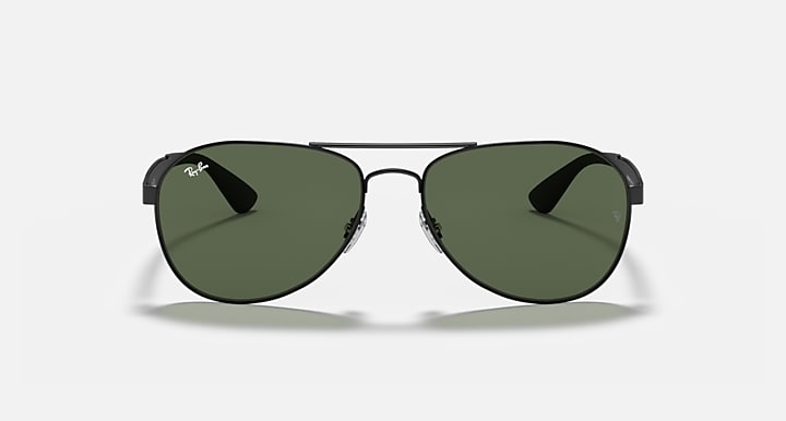 Ray-Ban aviator sunglasses with black frame and dark green tinted lenses