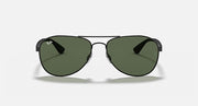 Aviator sunglasses with dark green mirrored lenses and black frame, front view