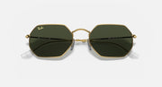 Octagonal sunglasses with gold frame, dark green lenses and logo details