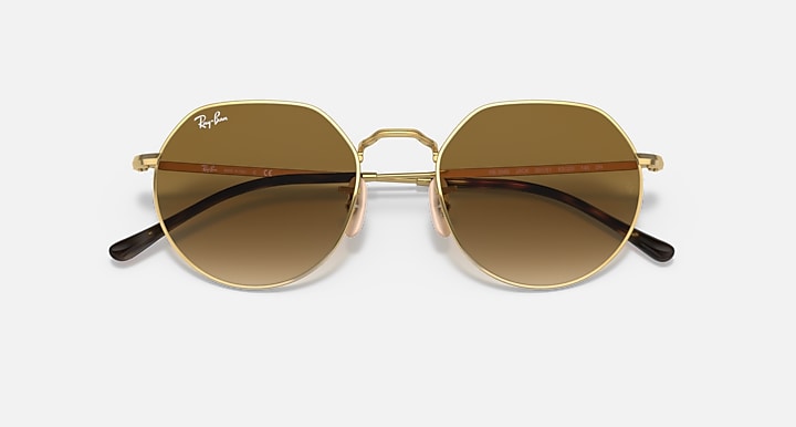 Ray-Ban Jack round sunglasses, gold frame with dark brown lenses and black accents