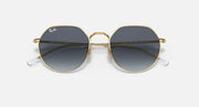 Ray-Ban Jack round sunglasses, gold frame with dark navy lenses and thin metal temples