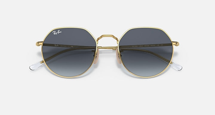 Ray-Ban Jack round sunglasses, gold frame with dark navy lenses and thin metal temples