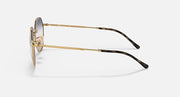 Round metal sunglasses side view with gold frame and dark patterned temples