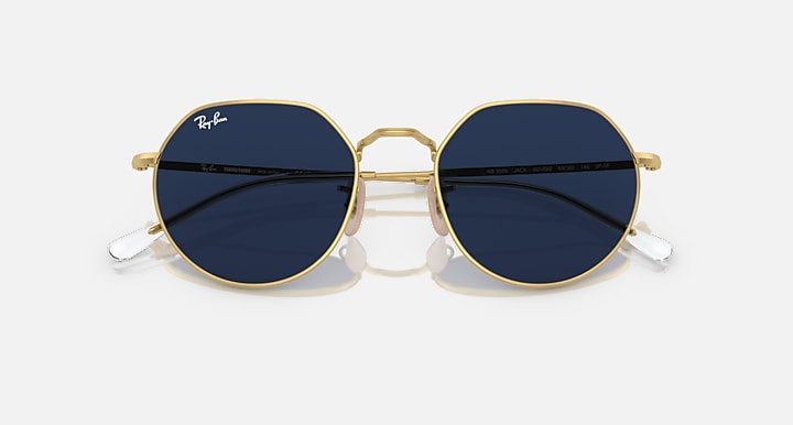 Ray-Ban Jack RB3565 sunglasses with gold-tone frames and dark blue mirrored lenses