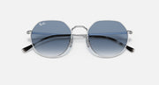 Round sunglasses with silver frame and blue lenses with darker lower tint