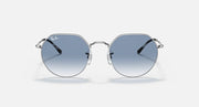 Round sunglasses with silver frame and pale blue lenses, front view