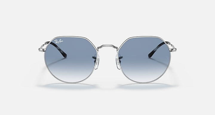 Round sunglasses with silver frame and pale blue lenses, front view