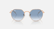 Ray-Ban round sunglasses with rose gold frame and pale blue tinted lenses
