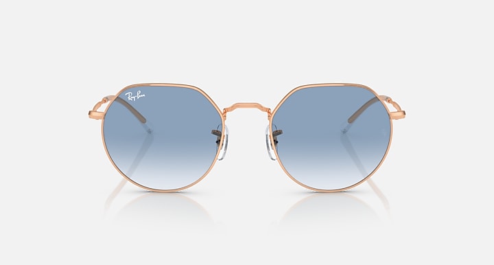 Ray-Ban round sunglasses with rose gold frame and pale blue tinted lenses