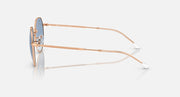 Ray-Ban round sunglasses, side view, rose gold frame with light blue lenses