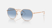 Ray-Ban round sunglasses with rose gold frame and light blue gradient lenses