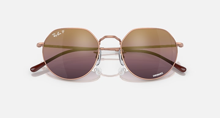 Ray-Ban RB3565 Jack sunglasses with brown-purple lenses and rose gold round frames