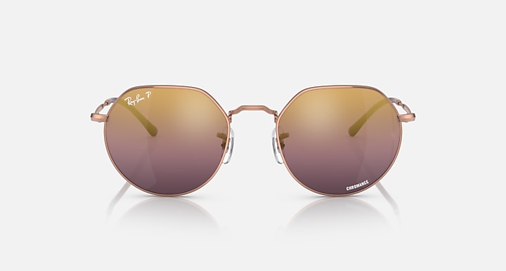 Ray-Ban RB3565 Jack sunglasses front view, purple lenses with rose gold round frames