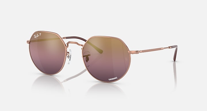 Ray-Ban RB3565 Jack sunglasses with purple-tinted lenses and rose gold round frames