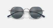 Round sunglasses with silver frame, dark gray lenses, and blue temple tips