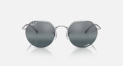 Round sunglasses with silver frame and dark gray tinted lenses, front view