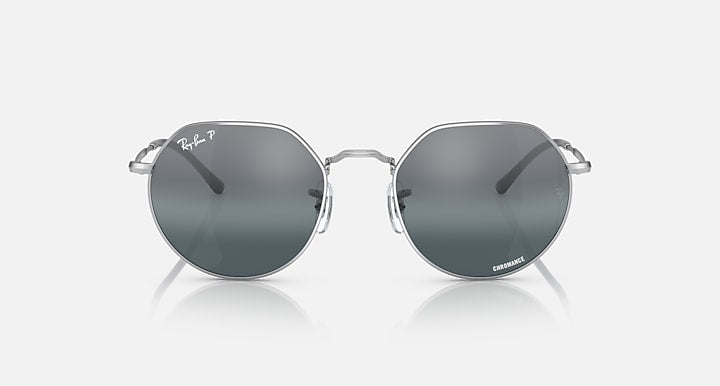 Round sunglasses with silver frame and dark gray tinted lenses, front view