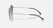 Round sunglasses side view with silver frame and dark blue temple arms