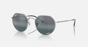 Round sunglasses with silver frame and dark gray tinted lenses