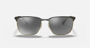 Square sunglasses with dark grey lenses, black frame and gold-tone bridge detail