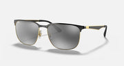 Square metal sunglasses with dark grey gradient lenses, black temples, gold-tone accents