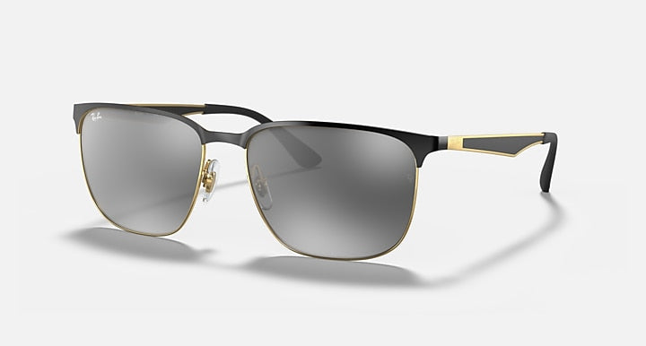 Square metal sunglasses with dark grey gradient lenses, black temples, gold-tone accents