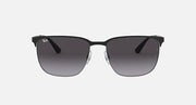 Sunglasses with dark gray lenses and black frame; front view with bridge detail