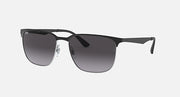Square sunglasses with dark gray gradient lenses and black frame; front view