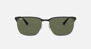 Sunglasses with dark green lenses and black top bar; front view with nose bridge