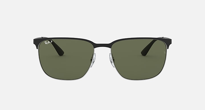 Sunglasses with dark green lenses and black top bar; front view with nose bridge