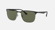 Rectangular-square sunglasses with dark green gradient lenses and black frame arms