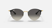 RB3578 sunglasses with black round frames and gold bridge, dark grey tinted lenses.