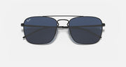 Narrow rectangular sunglasses with dark blue lenses and black metal frame, logo marks