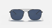 Front-view rectangular sunglasses with dark blue lenses and black metal frame