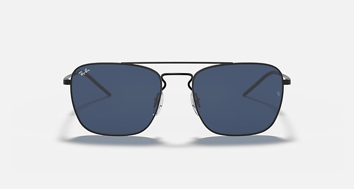 Front-view rectangular sunglasses with dark blue lenses and black metal frame