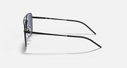 Side-profile sunglasses with dark blue lens and black slim metal arms
