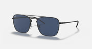 Rectangular sunglasses with dark blue lenses and black metal frame, side arms visible