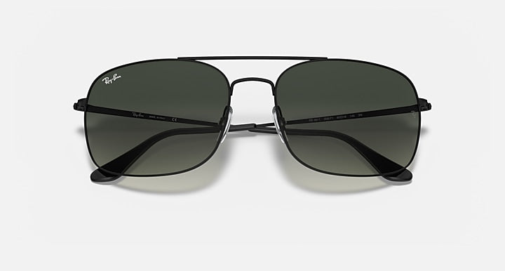 Sunglasses with dark green mirrored lenses and black metal frame, front angle