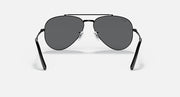 Aviator sunglasses with black frame and dark gray lenses, front view.