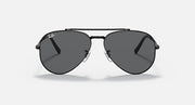 Aviator sunglasses with black frame and dark gray lenses, front view.